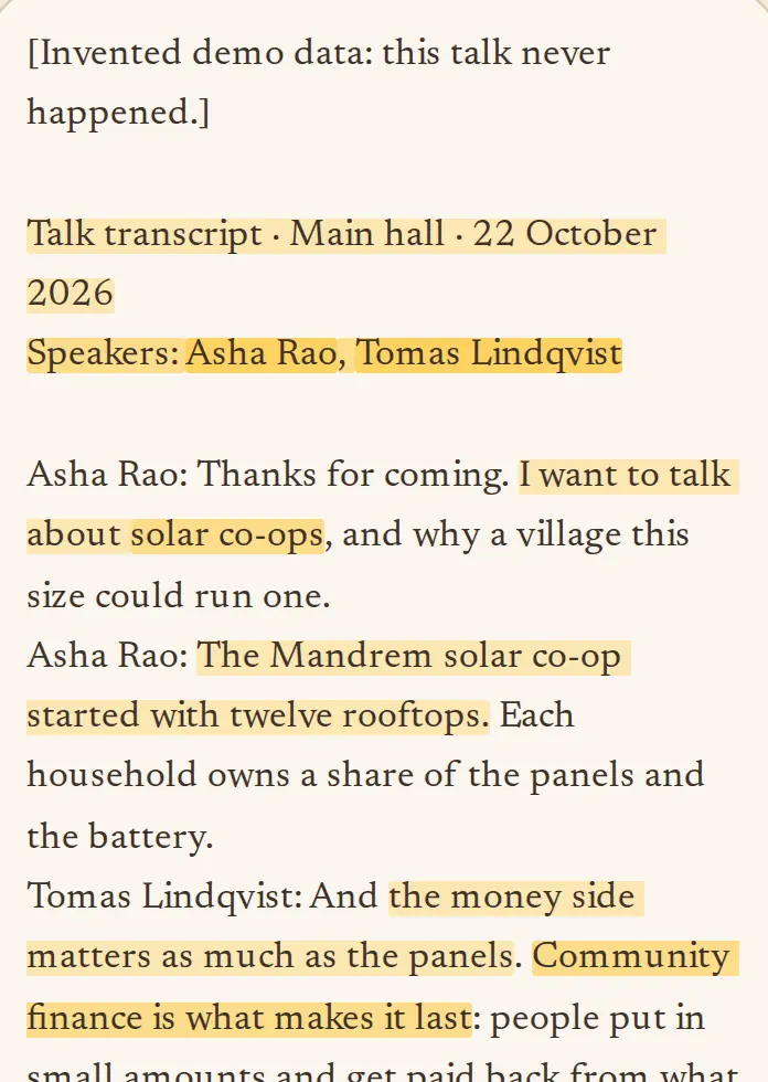 Example: an invented talk transcript with the passages the Library took from it highlighted in yellow, such as “I’m building a small ledger for the co-op”.